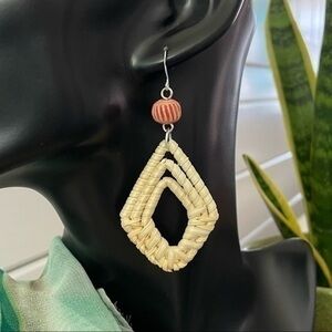 2/$29 Handmade Boho Straw Braided Drop Earring Blush Pink Red Coastal Geometric